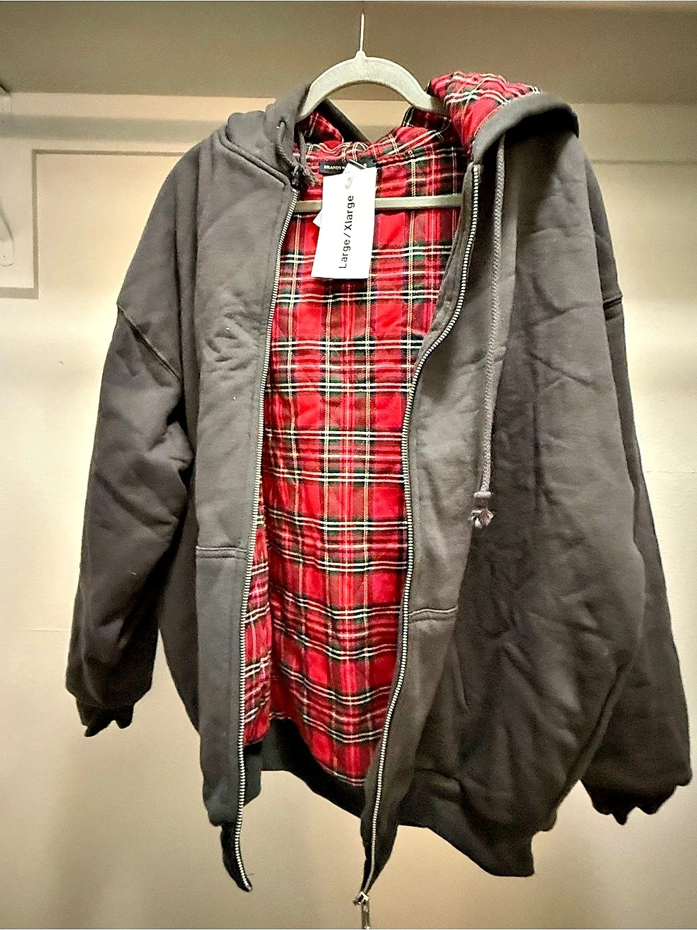 Brandy Melville Christy Plaid-Lined Zip-Up Hoodie Black & Red